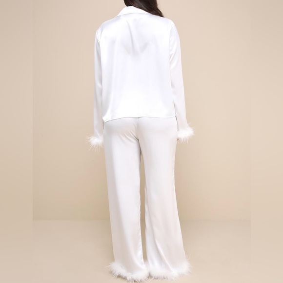 Lulus Dreamiest Delight White Satin Feather Two-Piece Pajama Set Size S - Picture 4 of 14